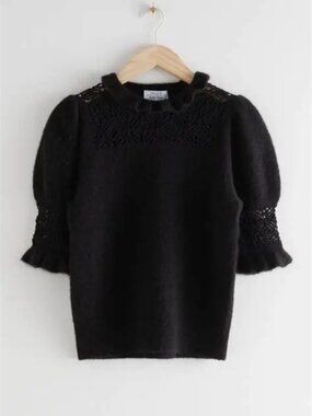New Tags & Other Stories Black Ruffled Puff Sleeve Pointelle Knit Top, size S
